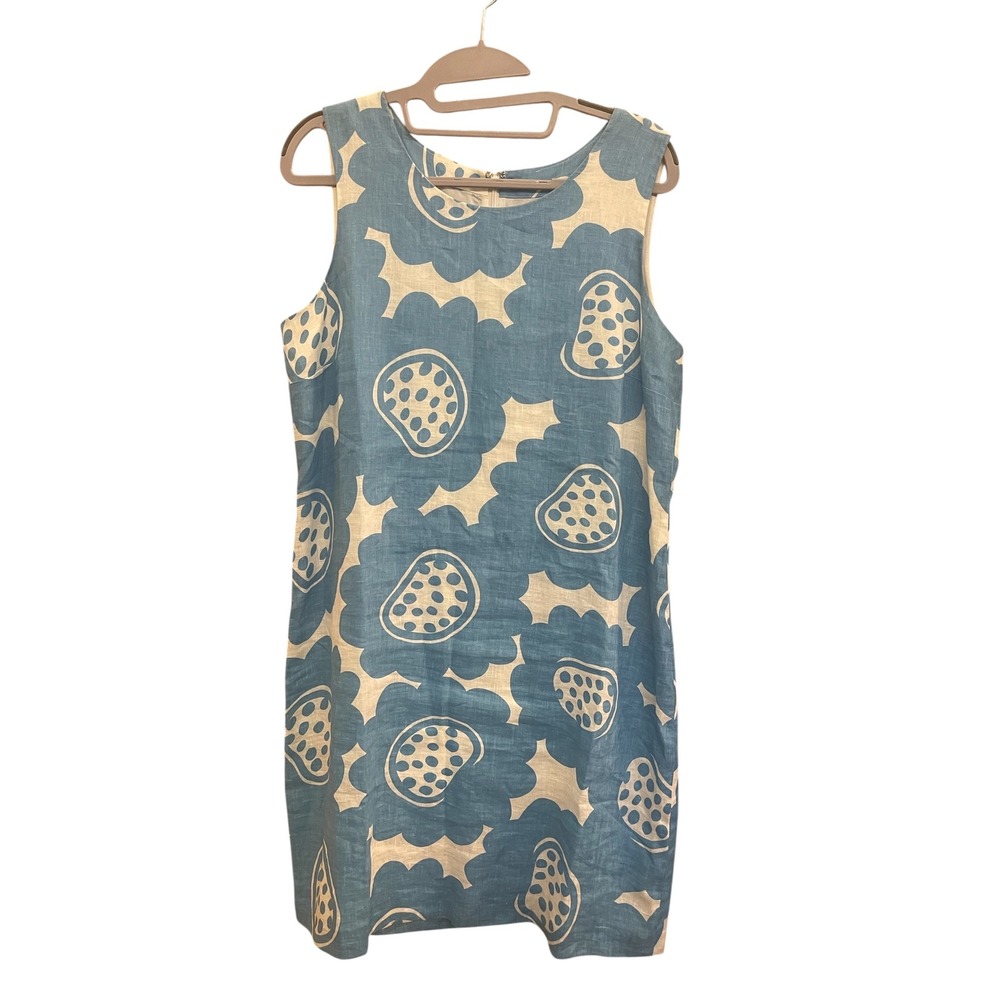 Island Company Blue White Linen Classic Shift Dress Scandinavian Abstract Art Lg - Picture 2 of 7